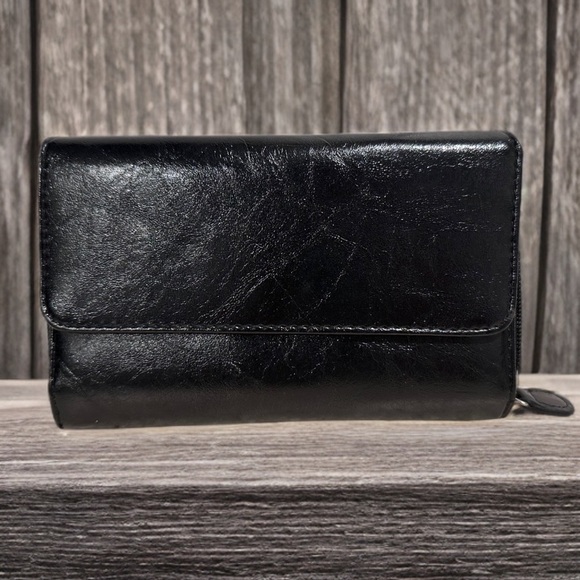 Handbags - Faux Leather Black Wallet Organizer Built-In Calculator & Multiple Compartments